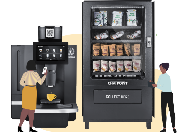 A girl dispensing coffee using a coffee vending machine. Another girl using a snacks vending machine